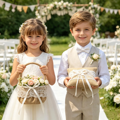 Burlap Lace Flower Girl Basket and Ring Bearer Pillow Set, Rustic Boho Wedding Accessories