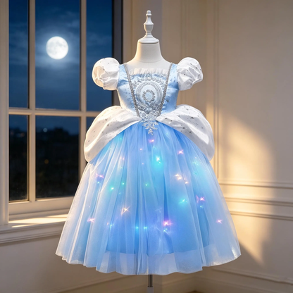 Light Up Cinderella Inspired Dress for Girls,Blue Tulle Puff Sleeve Gown, Birthday Party Dress, Halloween Cosplay Outfit for Toddler Kids