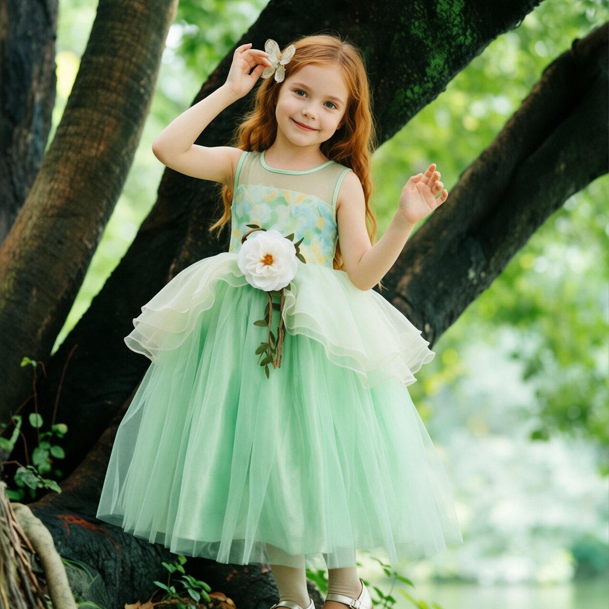Green Floral Girls Tulle Dress, Tiana Fairy Princess Costume, Sleeveless Flower Girl Dress , Birthday Party Photoshoot Dress for Kids