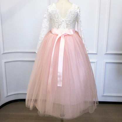 Personalized Rustic Tulle Flower Girl Dresses, Lace Flower Girl Dresses with Sash,Boho Wedding Flower Girl,Junior Bridesmaid, Birthday Dress