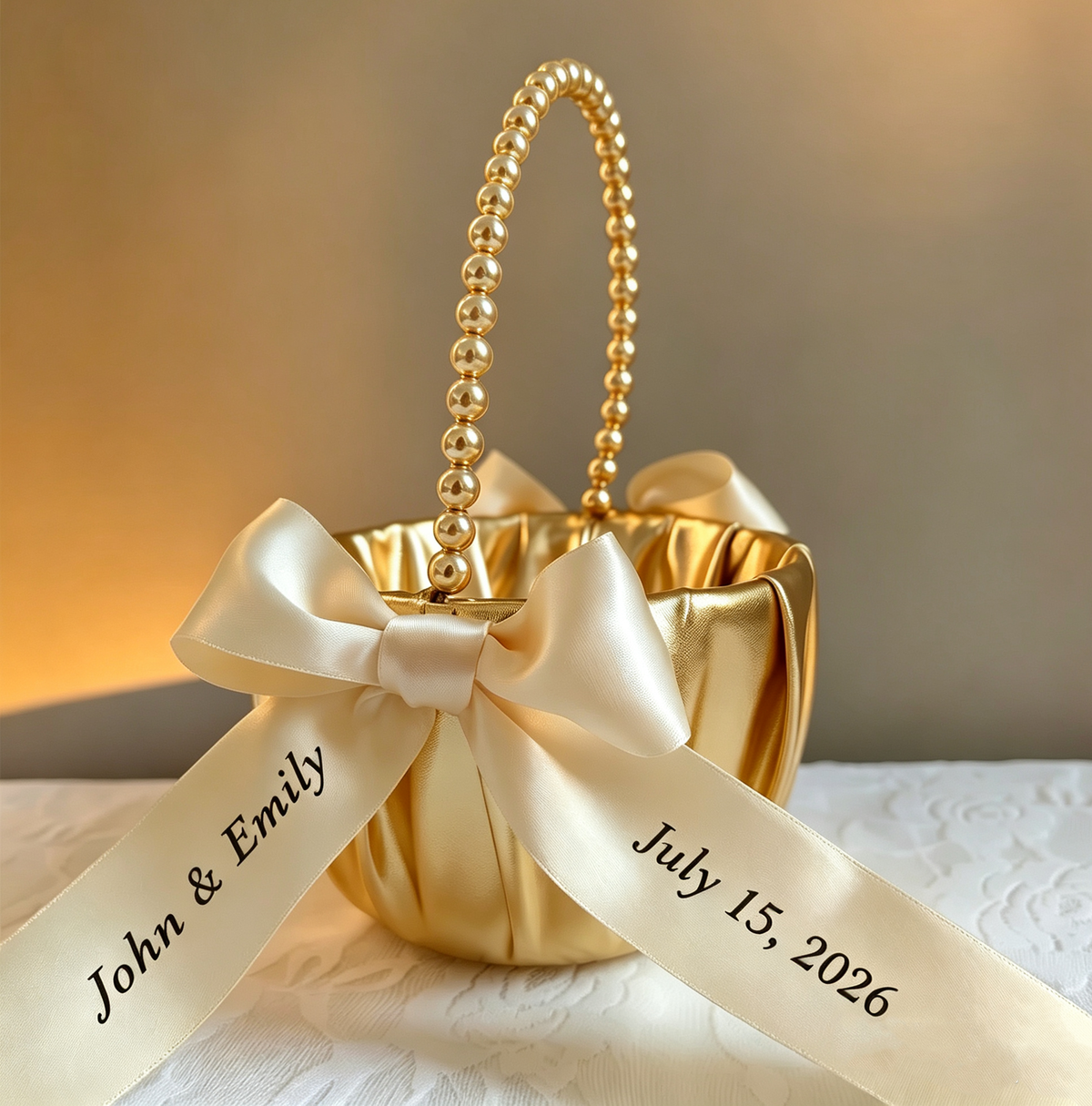 Custom Wedding Baskets,Pearl Handle Flower Girl Basket,Ring Bearer Pillow, Ring Holder,Personalised Ribbon,Name on Ribbon, Wine Glass Ribbon