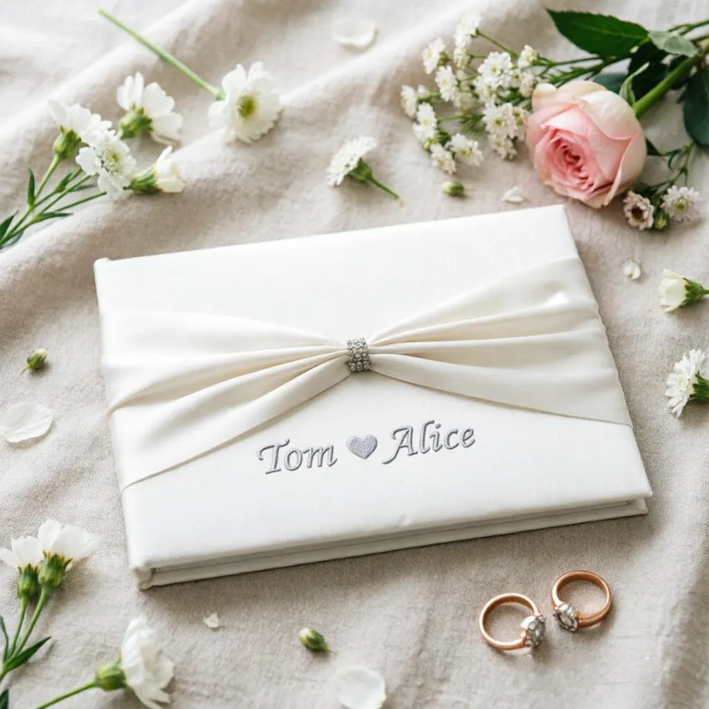 Personalized Embroidered Guest Book ,ivory Satin Wedding Guest Book Set with Feather Pen & Pen Holder,  Bridal Shower Keepsake