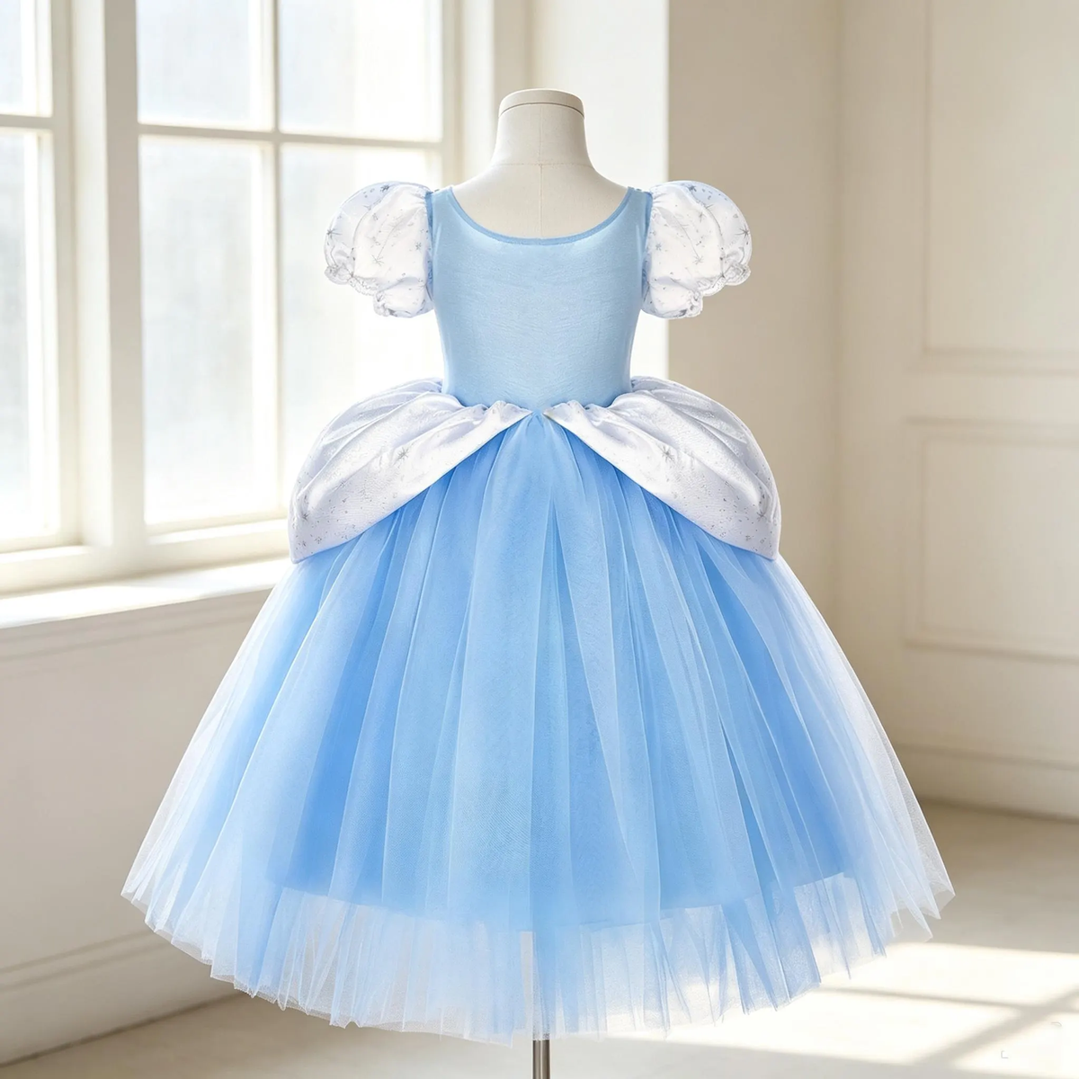 Light Up Cinderella Inspired Dress for Girls,Blue Tulle Puff Sleeve Gown, Birthday Party Dress, Halloween Cosplay Outfit for Toddler Kids