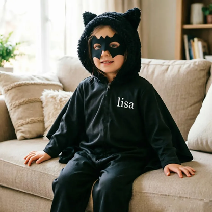 Personalized Kids Bat Halloween Costume | Custom Name Bat Jumpsuit with Fur Hood & Wings, Toddler Halloween Outfit, Trick or Treat Costume