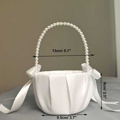 Satin Flower Girl Baskets with Pearl Handle, Elegant Wedding Ceremony Petal Basket, Bridal Party Accessory, Rustic Wedding Decoratioin