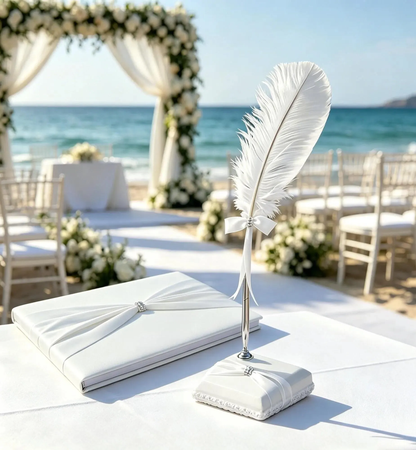 Personalized Embroidered Guest Book ,ivory Satin Wedding Guest Book Set with Feather Pen & Pen Holder,  Bridal Shower Keepsake