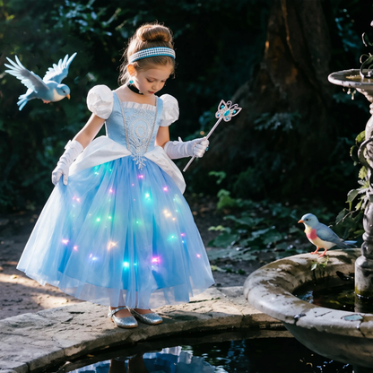 Light Up Cinderella Inspired Dress for Girls,Blue Tulle Puff Sleeve Gown, Birthday Party Dress, Halloween Cosplay Outfit for Toddler Kids