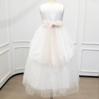 Custom Flower Girl Dresses| White Lace Tulle Flower Girl Dress| Wedding Girl Dress with Sash| 1st Communion Dresses| Birthday Party Dresses