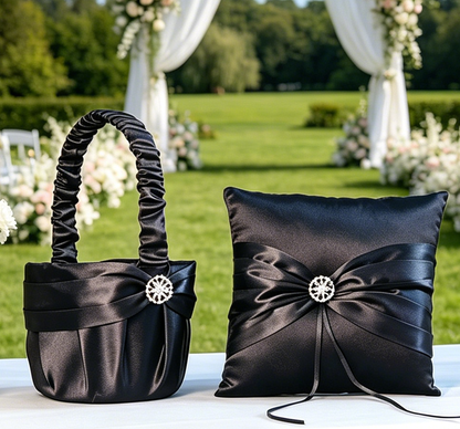 Black Wedding Baskets | Black Ring Pillow| Pillow Basket  Set | Black Ring Bearer Pillow | Black Flower Girl Basket |Black Satin Ring Pillow
