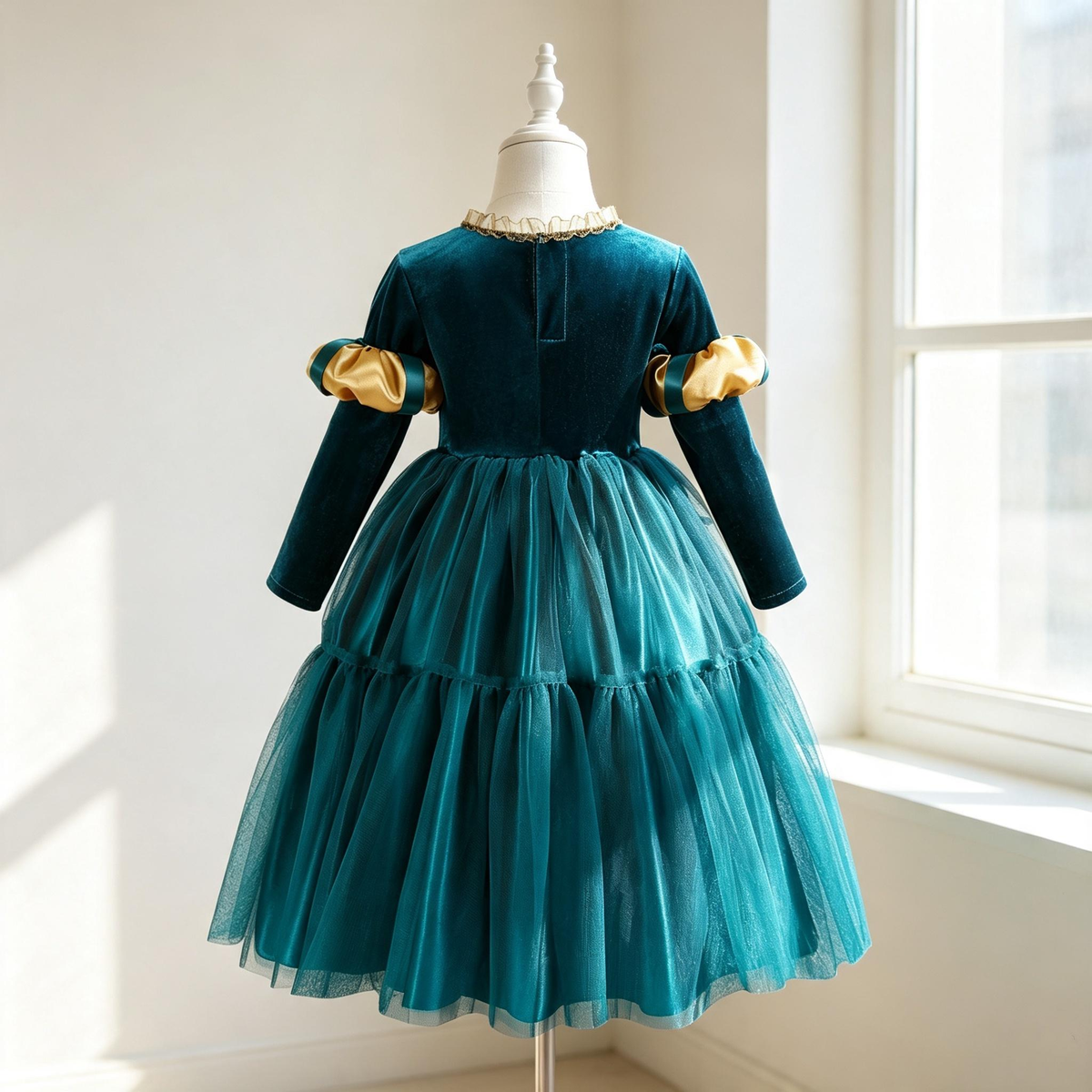 Girls Merida Princess Costume, Teal Velvet Tulle Party Dress, Kids Halloween Cosplay Outfit, Birthday Fancy Gown For Little Girls