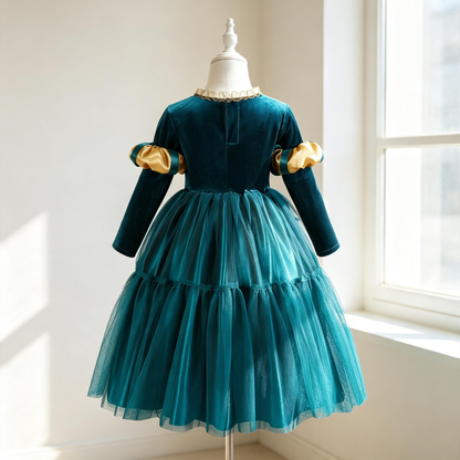 Girls Merida Princess Costume, Teal Velvet Tulle Party Dress, Kids Halloween Cosplay Outfit, Birthday Fancy Gown For Little Girls