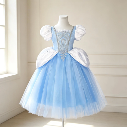 Light Up Cinderella Inspired Dress for Girls,Blue Tulle Puff Sleeve Gown, Birthday Party Dress, Halloween Cosplay Outfit for Toddler Kids