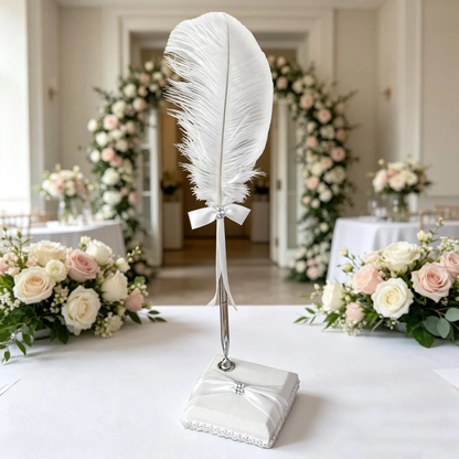 Personalized Embroidered Guest Book ,ivory Satin Wedding Guest Book Set with Feather Pen & Pen Holder,  Bridal Shower Keepsake