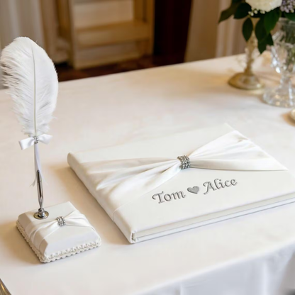 Personalized Embroidered Guest Book ,ivory Satin Wedding Guest Book Set with Feather Pen & Pen Holder,  Bridal Shower Keepsake