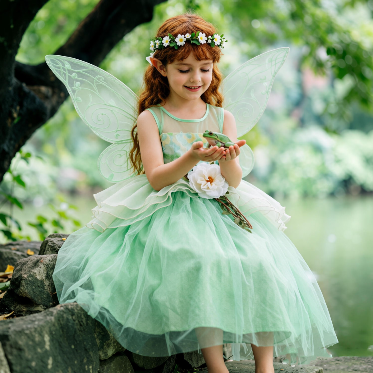 Green Floral Girls Tulle Dress, Tiana Fairy Princess Costume, Sleeveless Flower Girl Dress , Birthday Party Photoshoot Dress for Kids