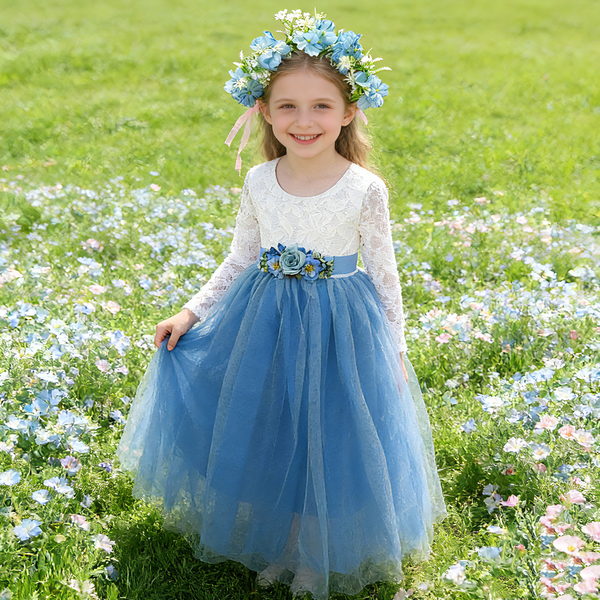 Personalized Rustic Tulle Flower Girl Dresses, Lace Flower Girl Dresses with Sash,Boho Wedding Flower Girl,Junior Bridesmaid, Birthday Dress
