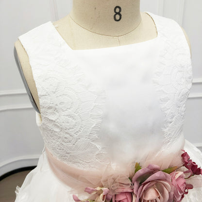 Custom Flower Girl Dresses| White Lace Tulle Flower Girl Dress| Wedding Girl Dress with Sash| 1st Communion Dresses| Birthday Party Dresses