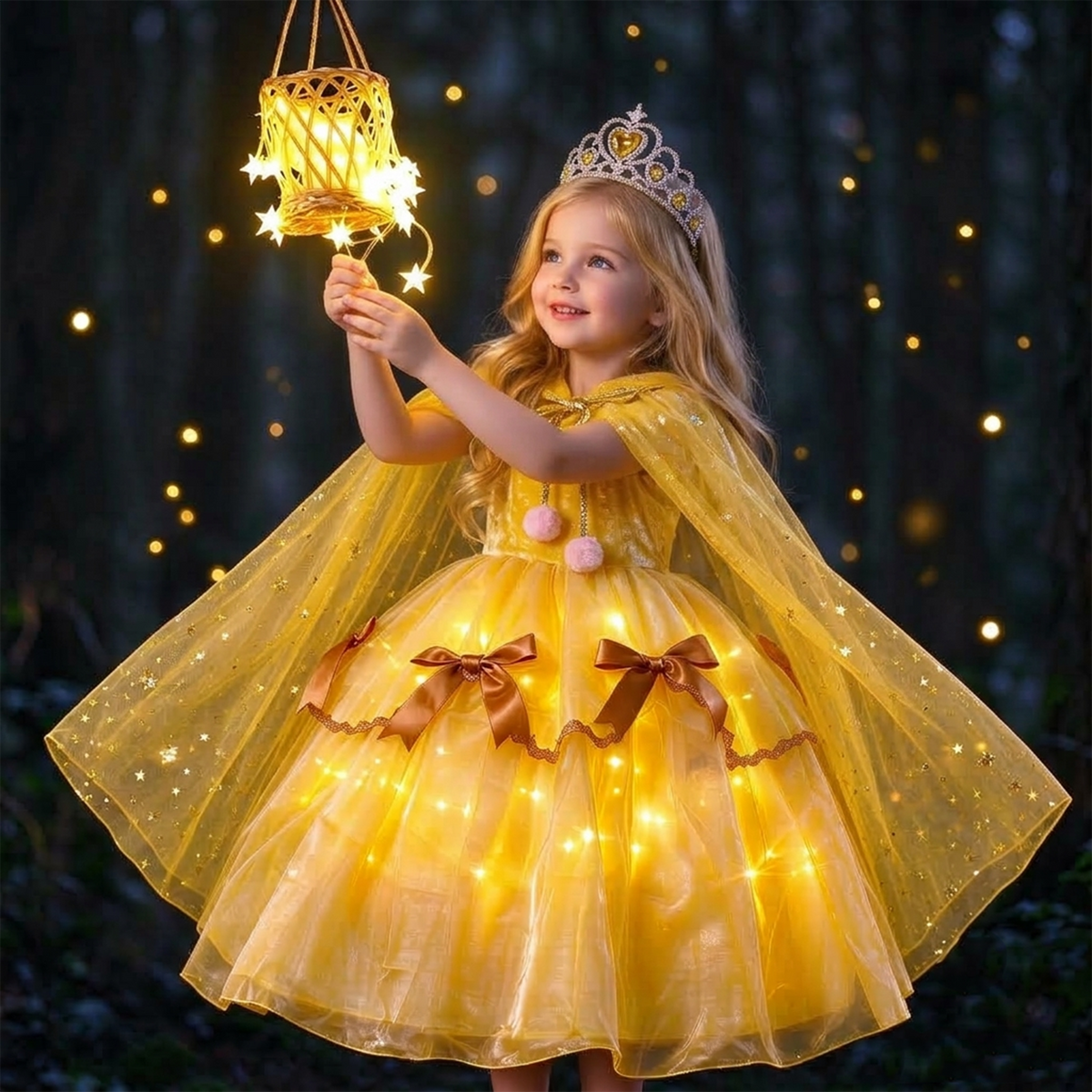 Light up Princess Belle Costume, Beauty and the Beast Yellow Gown, LED Princess Belle Dress, Flower Girl Dress, Fairy Tale Dress,Princess Party Dress up