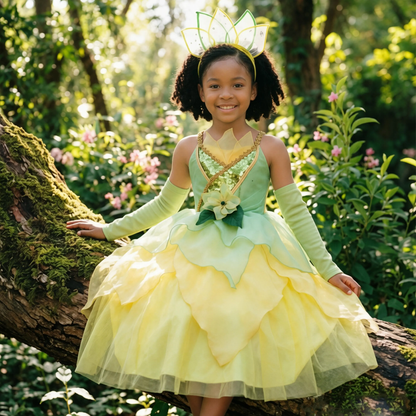 Princess Tiana Inspired Tulle Dress,Princess And Frog,Green Layered Party Dress with Accessory,Kids Fairy Tale Halloween Outfit