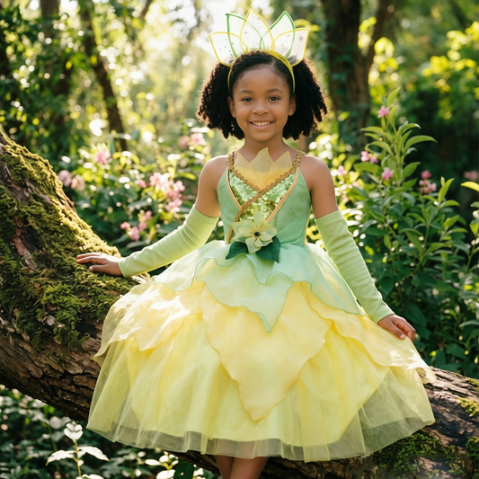 Princess Tiana Inspired Tulle Dress,Princess And Frog,Green Layered Party Dress with Accessory,Kids Fairy Tale Halloween Outfit