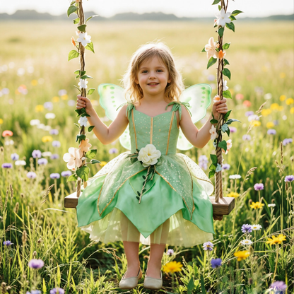 Girls Green Fairy Princess Dress,Girl Tinkerbell Dress,Kids Halloween Party Outfit, Flower Fairy Tutu Dress for Cosplay Birthday