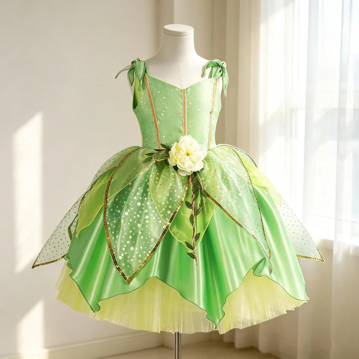 Girls Green Fairy Princess Dress,Girl Tinkerbell Dress,Kids Halloween Party Outfit, Flower Fairy Tutu Dress for Cosplay Birthday