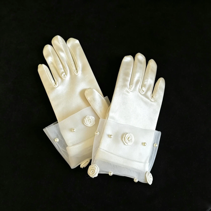 First Communion Gloves, Baptism, Wedding, Special Event Ivory Satin Flower Girl Gloves with Tulle & Pearl Details