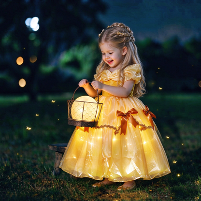 Light up Princess Belle Costume, Beauty and the Beast Yellow Gown, LED Princess Belle Dress, Flower Girl Dress, Fairy Tale Dress,Princess Party Dress up
