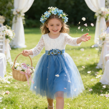 Personalized Rustic Tulle Flower Girl Dresses, Lace Flower Girl Dresses with Sash,Boho Wedding Flower Girl,Junior Bridesmaid, Birthday Dress