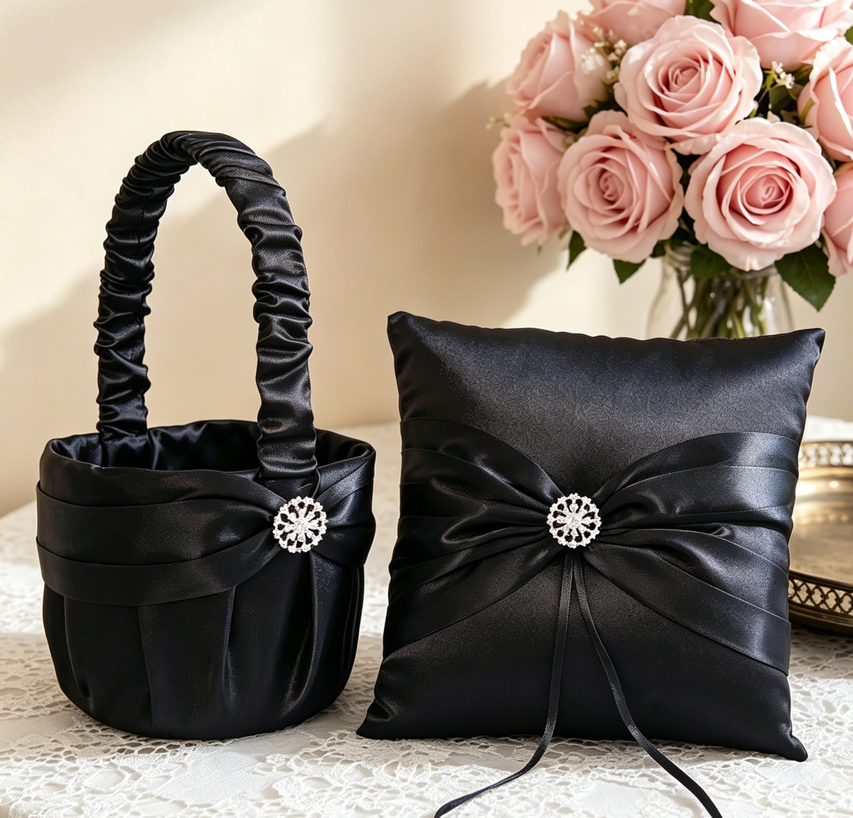 Black Wedding Baskets | Black Ring Pillow| Pillow Basket  Set | Black Ring Bearer Pillow | Black Flower Girl Basket |Black Satin Ring Pillow