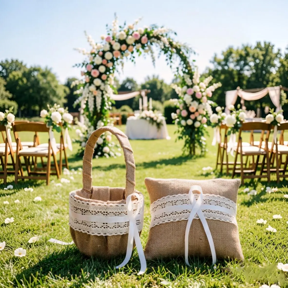 Boho Ring Pillow & Flower Girl Basket Set,Boho Ring Pillow ,Lace flower basket,Wedding Petal Basket