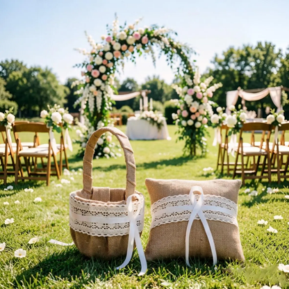 Boho Ring Pillow & Flower Girl Basket Set,Boho Ring Pillow ,Lace flower basket,Wedding Petal Basket