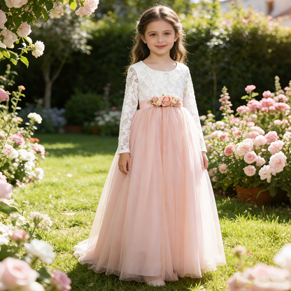 Personalized Rustic Tulle Flower Girl Dresses, Lace Flower Girl Dresses with Sash,Boho Wedding Flower Girl,Junior Bridesmaid, Birthday Dress