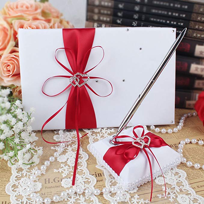 Wedding Guest Book With Pen Holder Sets Satin Bows For Party Decorations