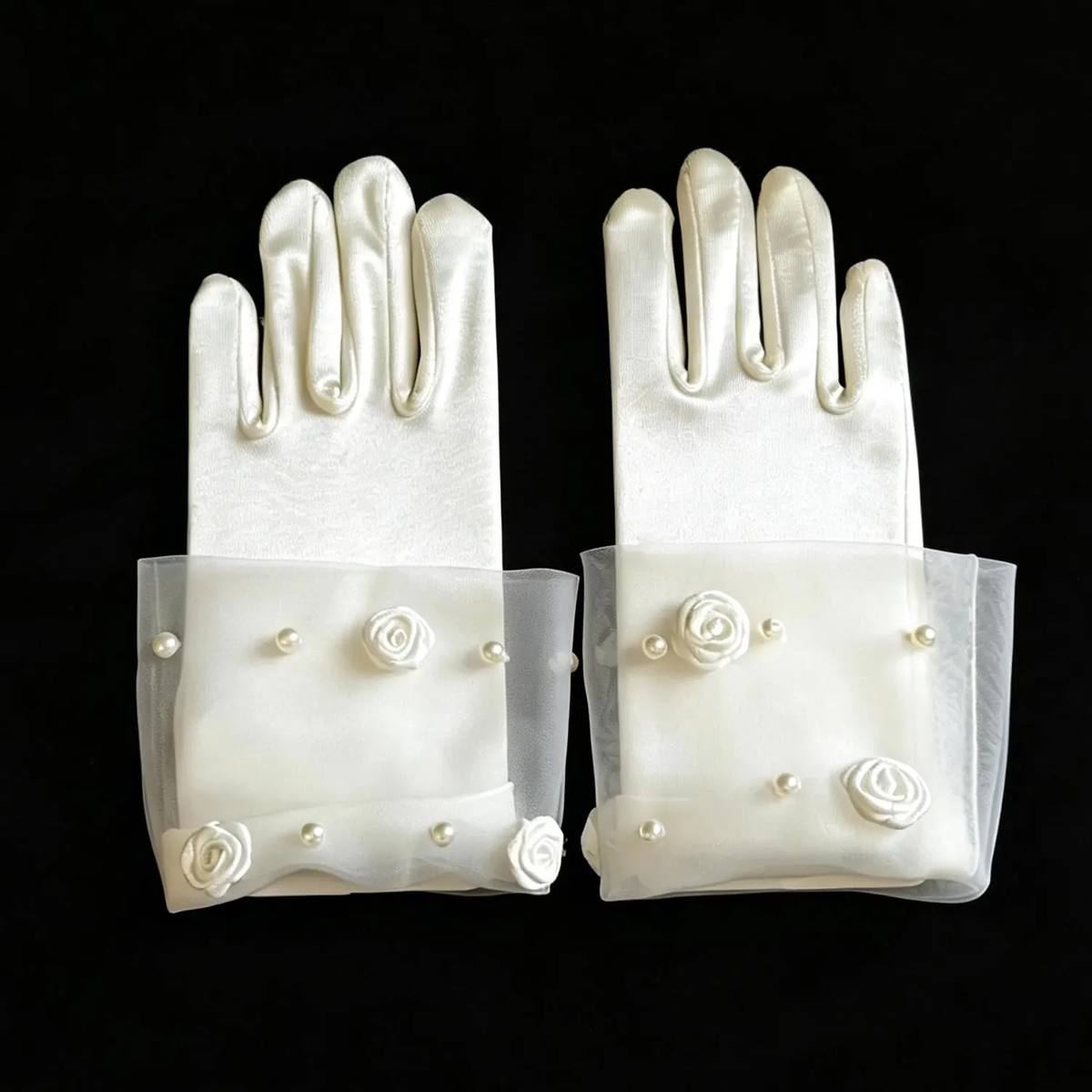 First Communion Gloves, Baptism, Wedding, Special Event Ivory Satin Flower Girl Gloves with Tulle & Pearl Details