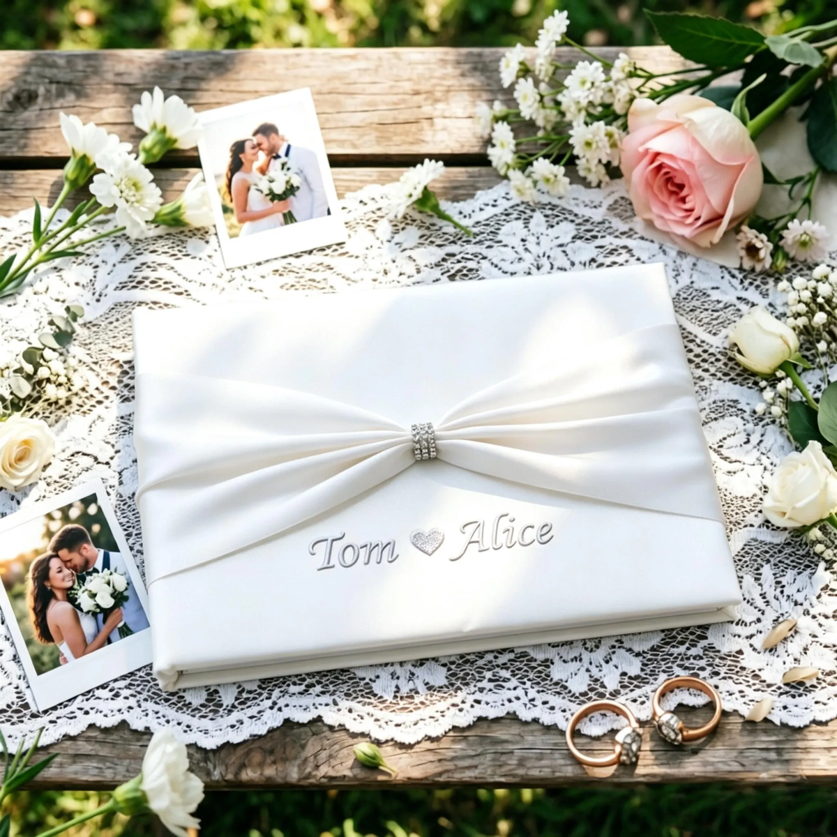 Personalized Embroidered Guest Book ,ivory Satin Wedding Guest Book Set with Feather Pen & Pen Holder,  Bridal Shower Keepsake