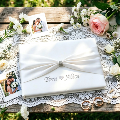 Personalized Embroidered Guest Book ,ivory Satin Wedding Guest Book Set with Feather Pen & Pen Holder,  Bridal Shower Keepsake