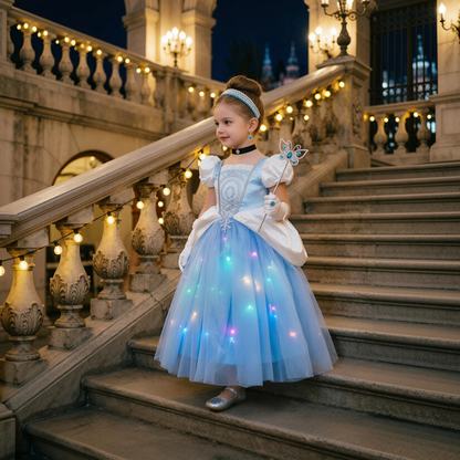Light Up Cinderella Inspired Dress for Girls,Blue Tulle Puff Sleeve Gown, Birthday Party Dress, Halloween Cosplay Outfit for Toddler Kids