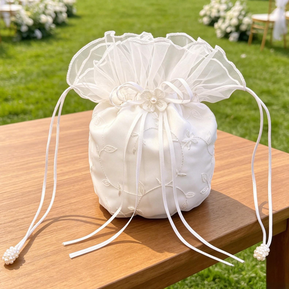 Embroidered Satin Bud Drawstring Pouch, Ruffled Tulle Bridal Favor Bag, Wedding Candy Gift Bag