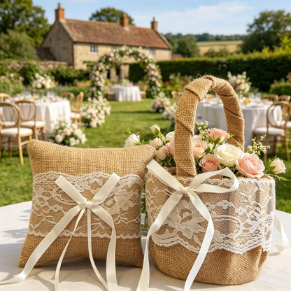 Burlap Lace Flower Girl Basket and Ring Bearer Pillow Set, Rustic Boho Wedding Accessories