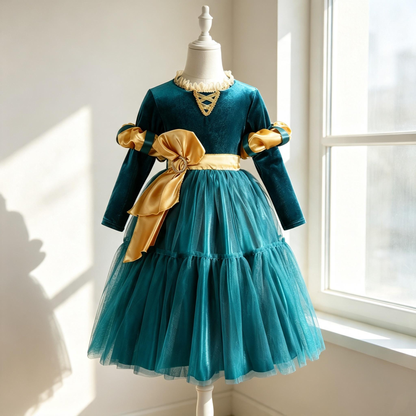 Girls Merida Princess Costume, Teal Velvet Tulle Party Dress, Kids Halloween Cosplay Outfit, Birthday Fancy Gown For Little Girls