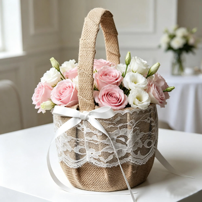 Burlap Lace Flower Girl Basket and Ring Bearer Pillow Set, Rustic Boho Wedding Accessories