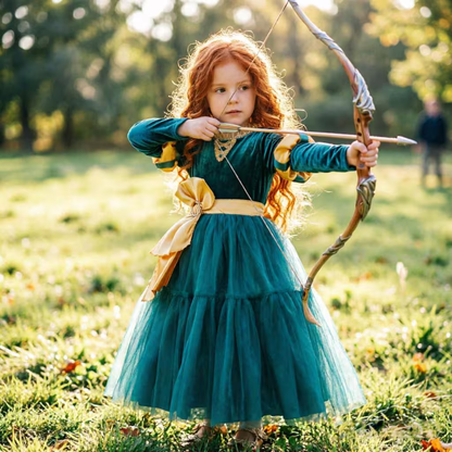 Girls Merida Princess Costume, Teal Velvet Tulle Party Dress, Kids Halloween Cosplay Outfit, Birthday Fancy Gown For Little Girls