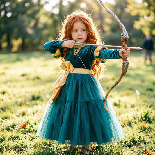 Girls Merida Princess Costume, Teal Velvet Tulle Party Dress, Kids Halloween Cosplay Outfit, Birthday Fancy Gown For Little Girls