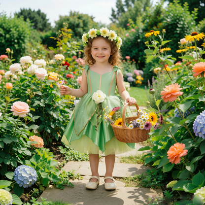 Girls Green Fairy Princess Dress,Girl Tinkerbell Dress,Kids Halloween Party Outfit, Flower Fairy Tutu Dress for Cosplay Birthday
