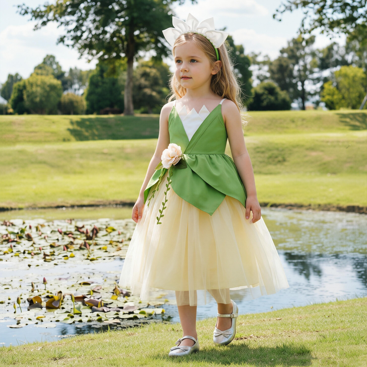 Girls Tiana Princess Costume Dress, Princess and Frog,Green Leaf Tulle Gown, Birthday Outfit &Halloween Cosplay