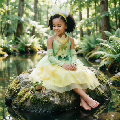 Princess Tiana Inspired Tulle Dress,Princess And Frog,Green Layered Party Dress with Accessory,Kids Fairy Tale Halloween Outfit