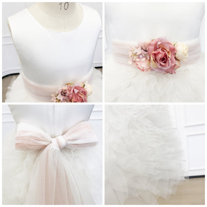 Personalized White Tulle Flower Girl Dresses with Floral Sash |1st Communion Dresses| Girls Formal Dress|Wedding Girl Dress|Birthday Dresses