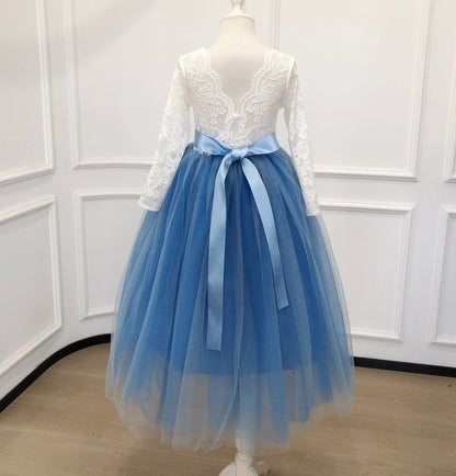 Personalized Rustic Tulle Flower Girl Dresses, Lace Flower Girl Dresses with Sash,Boho Wedding Flower Girl,Junior Bridesmaid, Birthday Dress