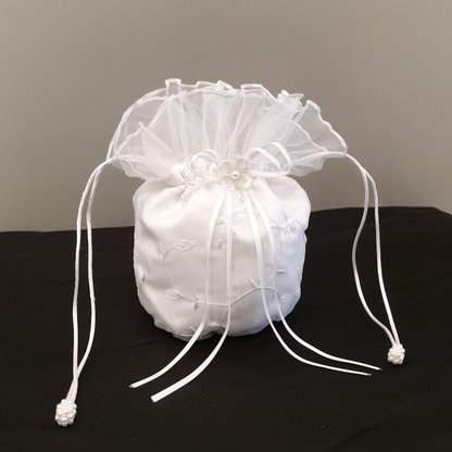 Embroidered Satin Bud Drawstring Pouch, Ruffled Tulle Bridal Favor Bag, Wedding Candy Gift Bag